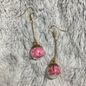 Pink hearts snow globe dangling hand crafted earrings